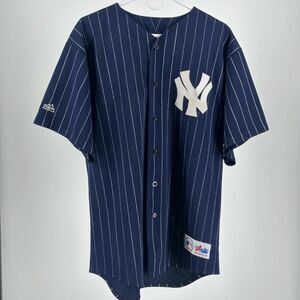 Vintage NY Yankees Majestic USA MADE Navy Blue Pinstripe Jersey Size Large